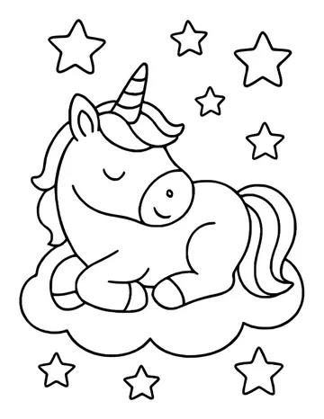 Cute unicorn curled up and sleeping on a fluffy cloud, head tucked down, with stars all around.