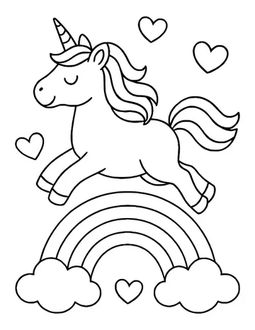 Unicorn with closed eyes and a flowing tail sailing over a rainbow between two clouds, with a few hearts.