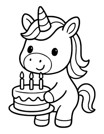 Cute standing unicorn with big round eyes holding a two-layer birthday cake with three lit candles.