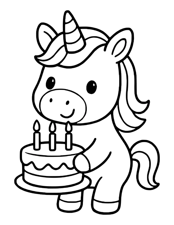 Cute standing unicorn with big round eyes holding a two-layer birthday cake with three lit candles.