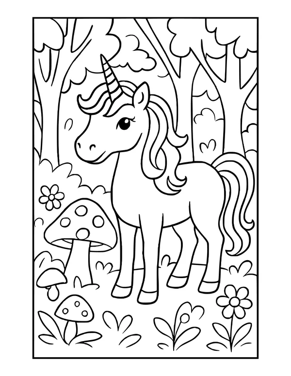 Smiling unicorn standing among tall trees, a big spotted mushroom and flowers, all inside a rectangular border.