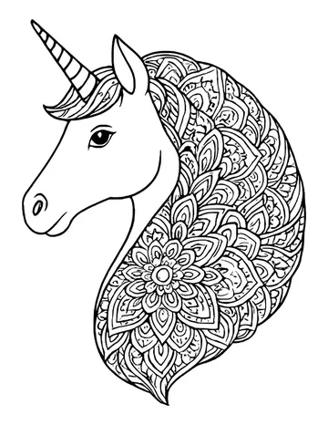 Side view of a unicorn head with a smooth face and a mane made of a large mandala flower and dense patterns.