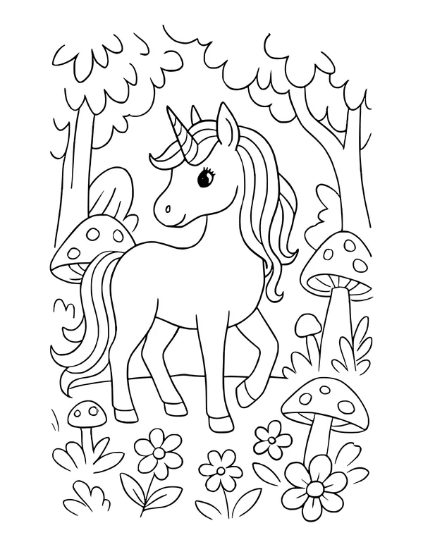 Unicorn mid-step with a flowing mane among trees, spotted mushrooms and flowers in a magical forest.