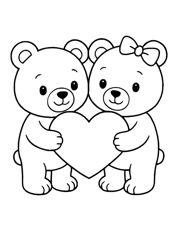 Two cute standing bears, one wearing a hair bow, holding a single heart between them