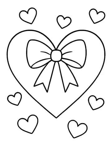 Large heart outline with a ribbon bow in the middle and seven small hearts scattered around it