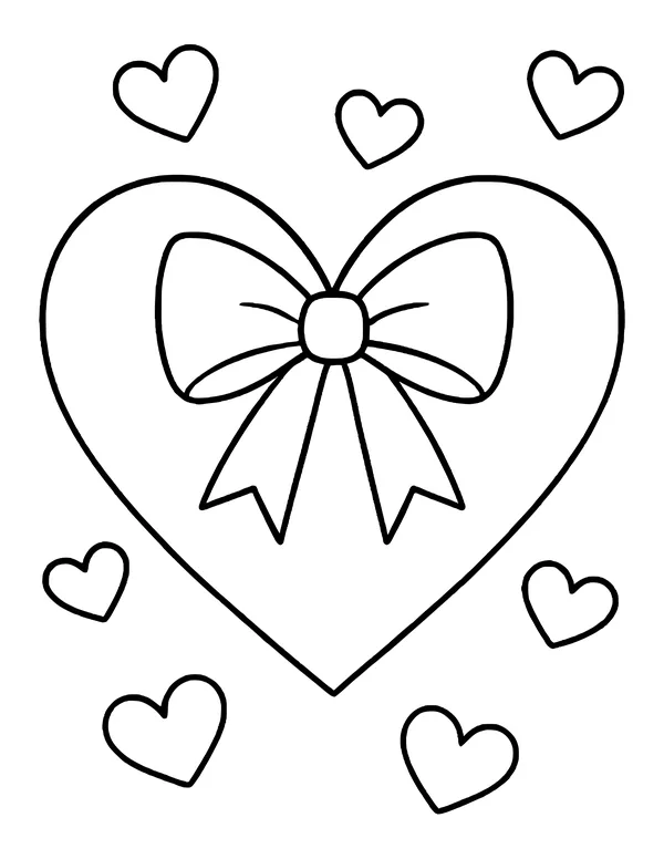 Large heart outline with a ribbon bow in the middle and seven small hearts scattered around it