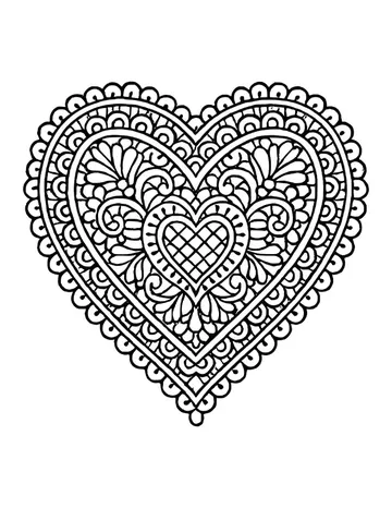 Lace doily heart with a scalloped border, bold flourishes and a crosshatched heart in the middle