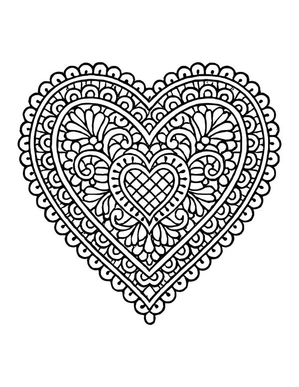 Lace doily heart with a scalloped border, bold flourishes and a crosshatched heart in the middle