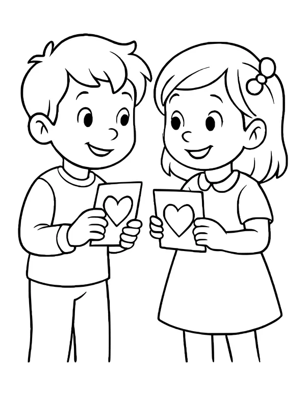 Smiling boy and girl standing side by side, each holding up a card with a heart; she wears a hair bow