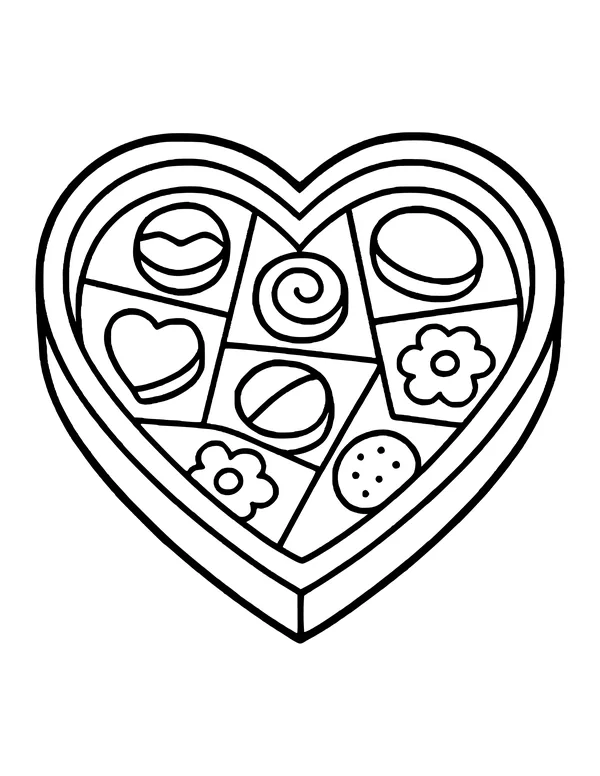 Heart-shaped box of chocolates divided into sections, holding round, heart, swirl and flower candies