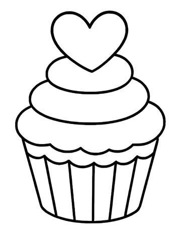 Cupcake with three tiers of swirled frosting, a heart on top and a scalloped edge over a striped liner