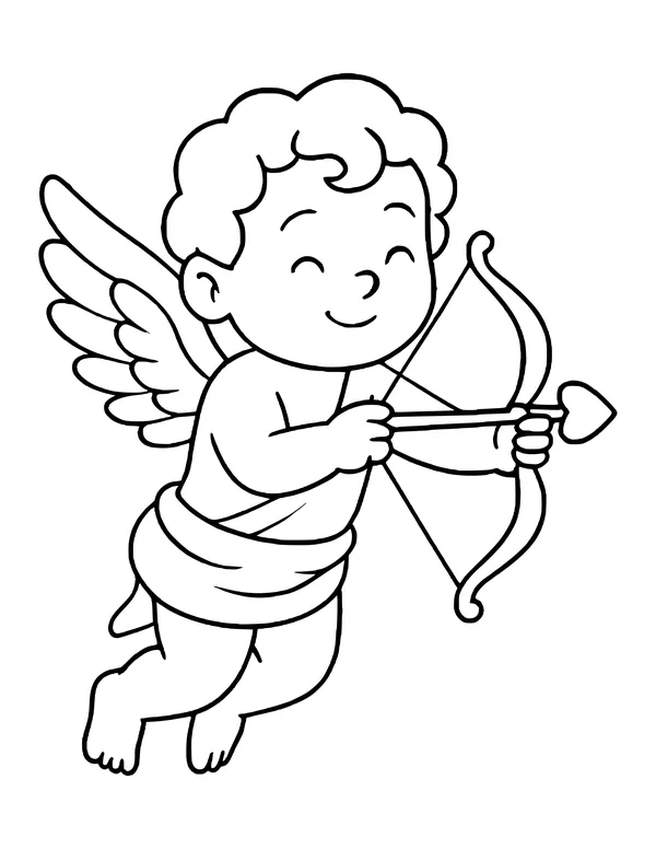 Smiling curly-haired cupid with wings and a cloth wrap, eyes closed, drawing a heart-tipped arrow on a bow