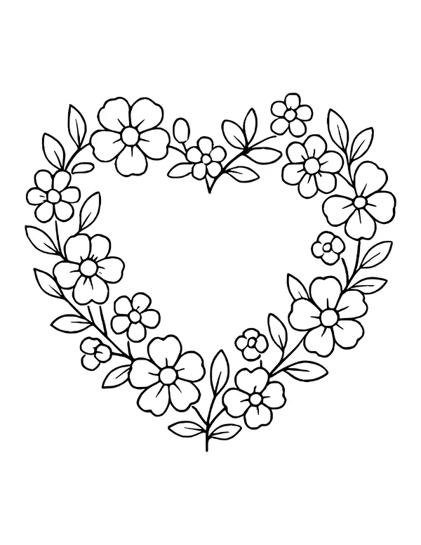 Heart-shaped wreath packed with small blossoms, buds and leaves along its outline