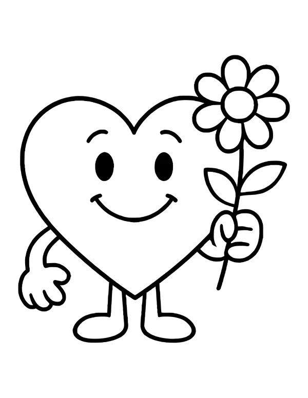 Cute heart with a big grin and eyebrows, waving one hand and holding a daisy with two leaves