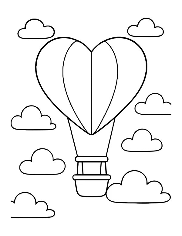 Heart-shaped hot air balloon with simple panels and a basket floating among small puffy clouds