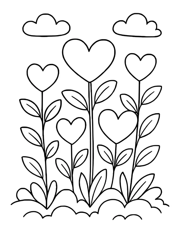 Garden of tall heart-shaped flowers with leafy stems growing from bushy ground under two clouds