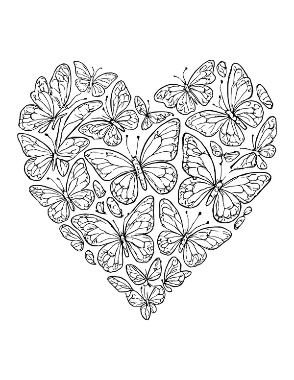 Heart shape filled with dozens of butterflies of many sizes, tucked tightly together