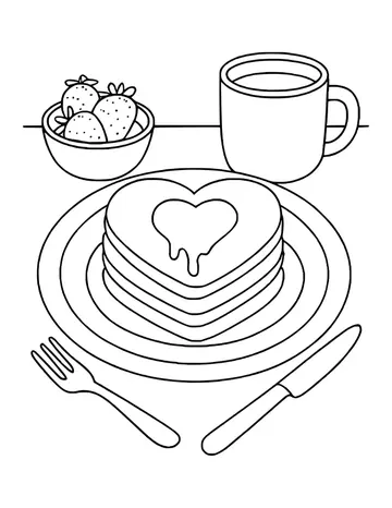 Heart pancake stack with dripping syrup heart on a plate, fork and knife, a mug and a bowl of strawberries