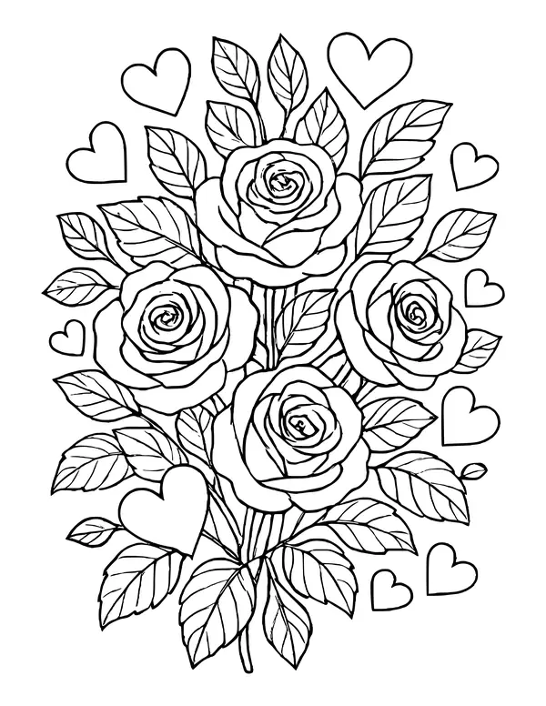 Four large roses in a dense cluster of veined leaves, surrounded by a dozen floating hearts