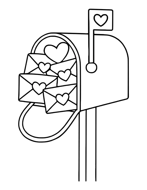 Open mailbox on a post full of heart envelopes and a big heart, with a heart on the raised flag