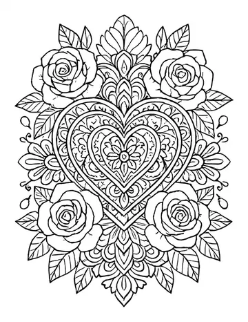 Heart mandala with nested hearts and lace patterns, framed by four roses and leafy sprays