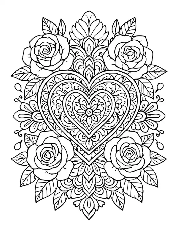 Heart mandala with nested hearts and lace patterns, framed by four roses and leafy sprays