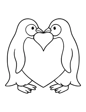 Two wide-eyed penguins touching beaks, with a small heart below their beaks and a big heart belly shape