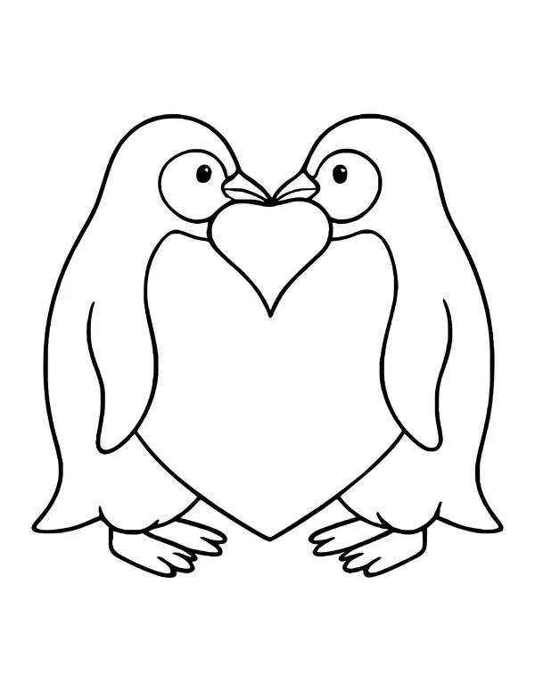 Two wide-eyed penguins touching beaks, with a small heart below their beaks and a big heart belly shape