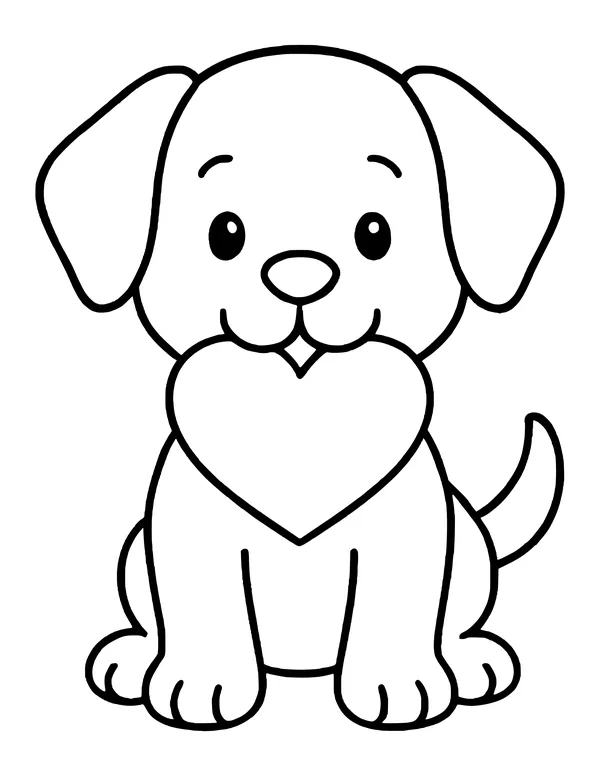 Cute sitting puppy with an outlined nose, a heart held in its mouth and its tail curled up behind