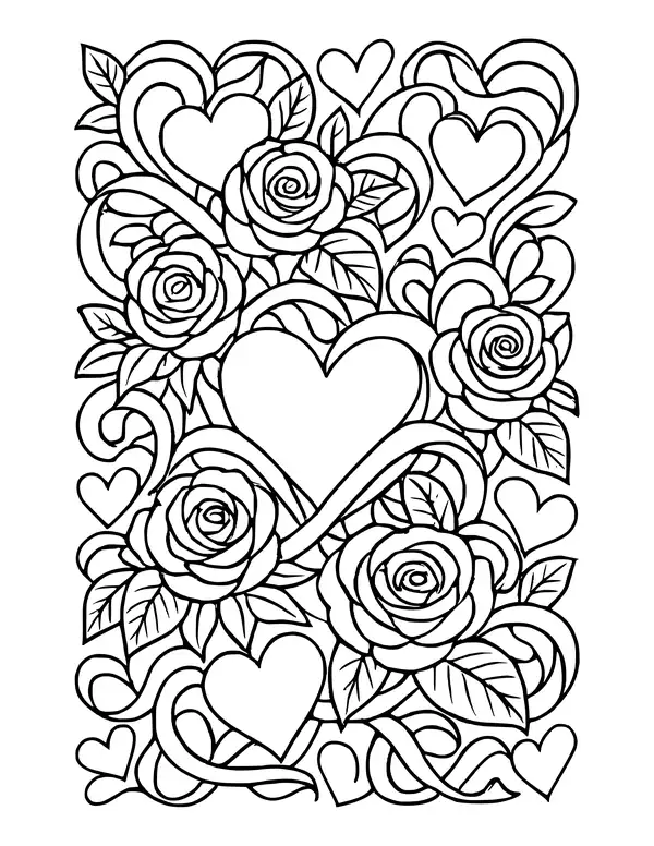 Dense pattern of roses, looping ribbons and hearts, with a central heart framed by ribbon swirls
