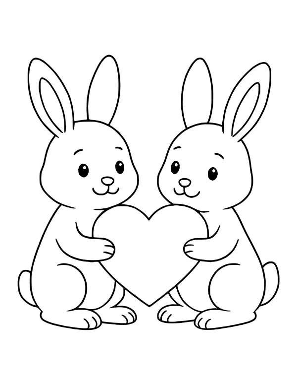 Two cute round-faced bunnies without whiskers holding a shared heart, tall ears up