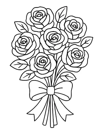 Full bouquet of six roses with pointed leaves, wrapped with a large ribbon bow and long tails