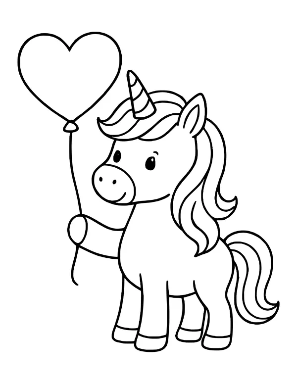 Cute unicorn foal with a striped horn and flowing mane standing and holding a heart balloon