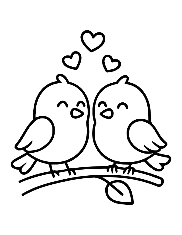Two cute round birds with happy closed eyes and open beaks sit on a branch under three small hearts