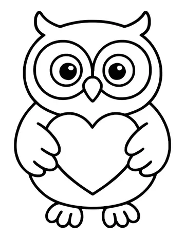 Cute owl with big round eyes and tufted ears hugging a large heart with its wing feathers