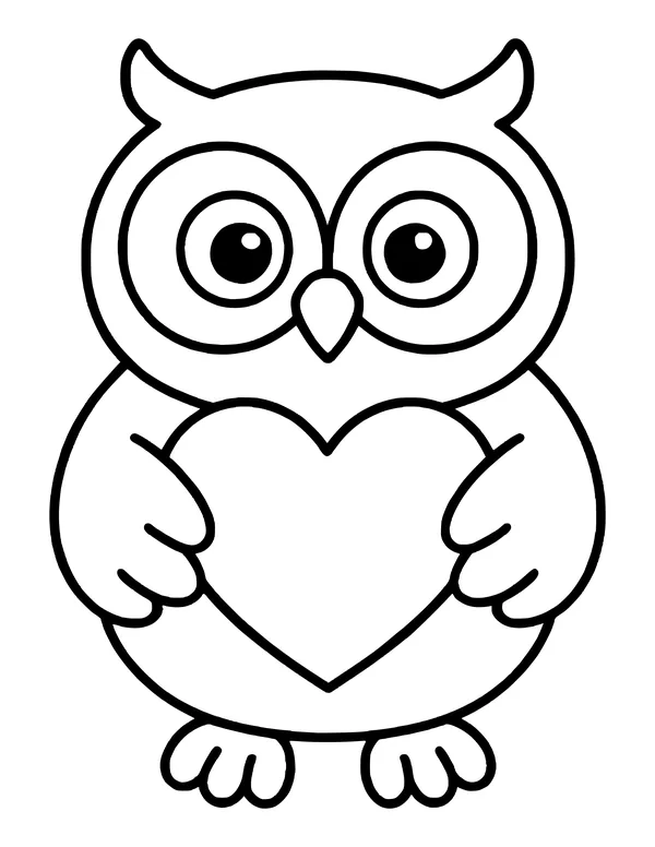 Cute owl with big round eyes and tufted ears hugging a large heart with its wing feathers