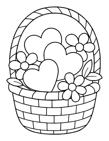 Woven basket with a braided handle holding three big hearts, daisies and leaves