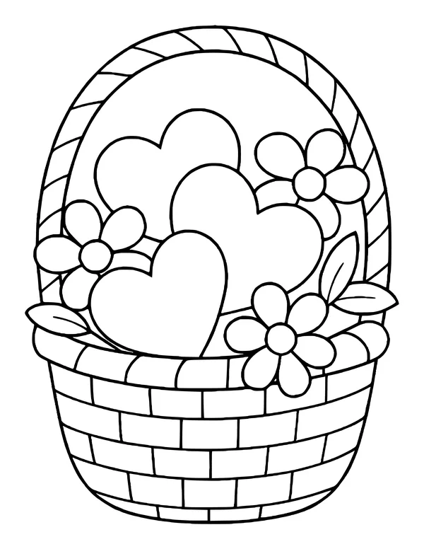 Woven basket with a braided handle holding three big hearts, daisies and leaves