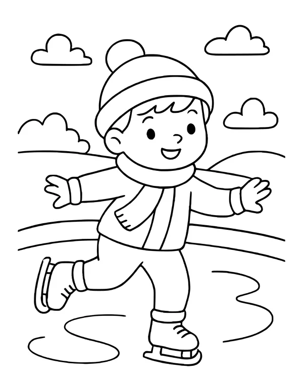 Smiling boy in a bobble hat, scarf and jacket skating on an icy pond with his arms out, clouds above.