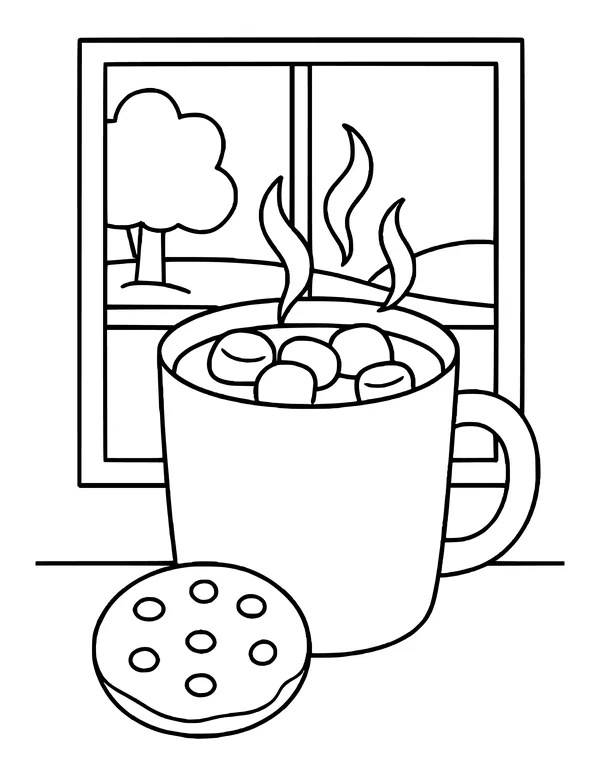 Steaming cocoa mug with marshmallows and a cookie in front of a window showing a tree and rolling hills.