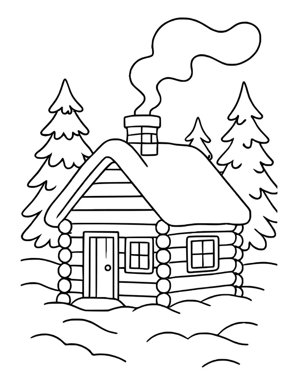 Log cabin with snow on the roof, a winding path, pine trees and chimney smoke