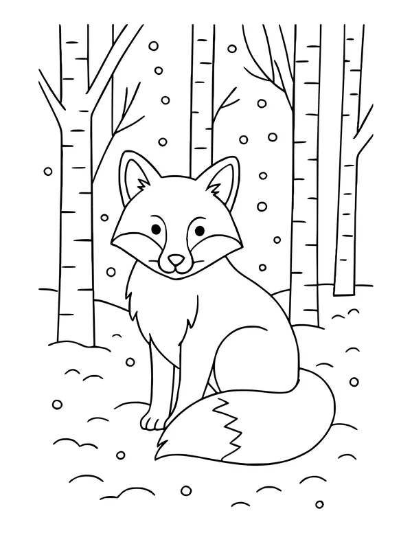 Round-faced fox with a fluffy chest sitting in the snow, birch trees and falling snowflakes behind it.