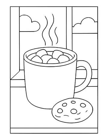 Mug of hot cocoa topped with marshmallows and steam, a chocolate chip cookie beside it, and a window with clouds.