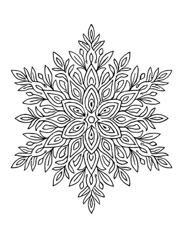 Dense snowflake mandala made of layered leaf and teardrop shapes radiating from a small center.