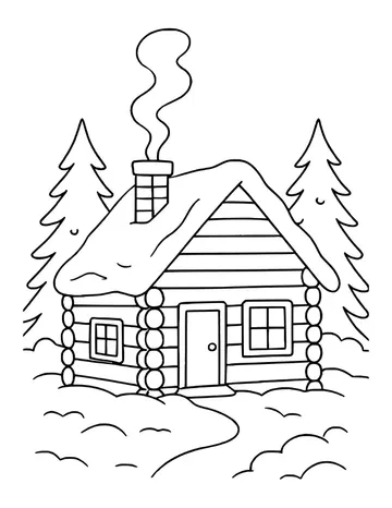 Snow-covered log cabin with smoke rising from the chimney, surrounded by pine trees