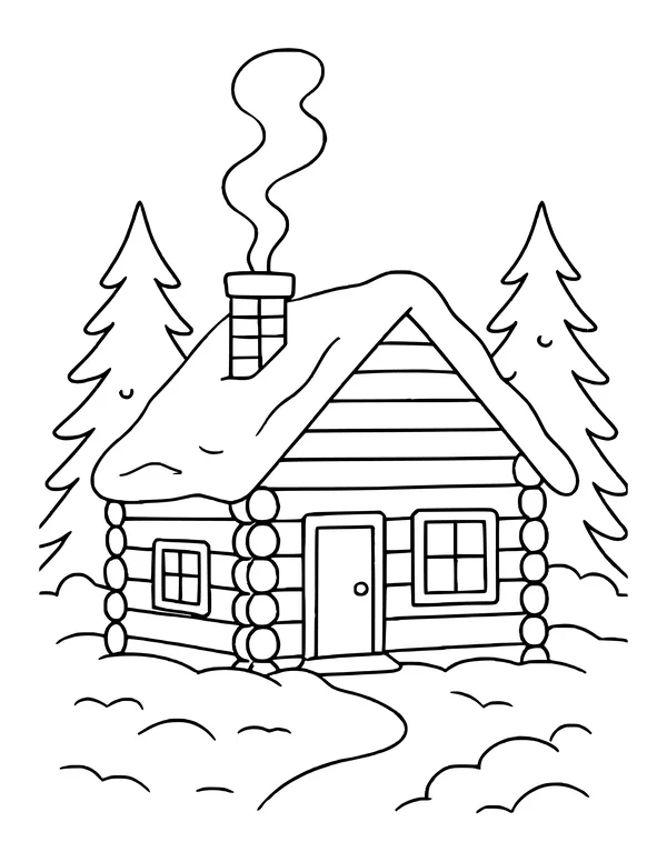 Snow-covered log cabin with smoke rising from the chimney, surrounded by pine trees