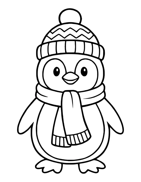 Penguin wearing a knitted hat with a pom-pom and a long scarf