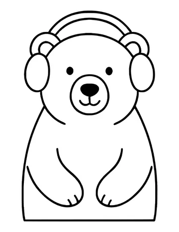 Front view of a cute polar bear's head and chest wearing big round earmuffs, paws resting in front.