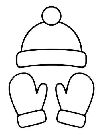 Plain pom-pom winter hat with a cuff, with two mittens below angled toward each other.
