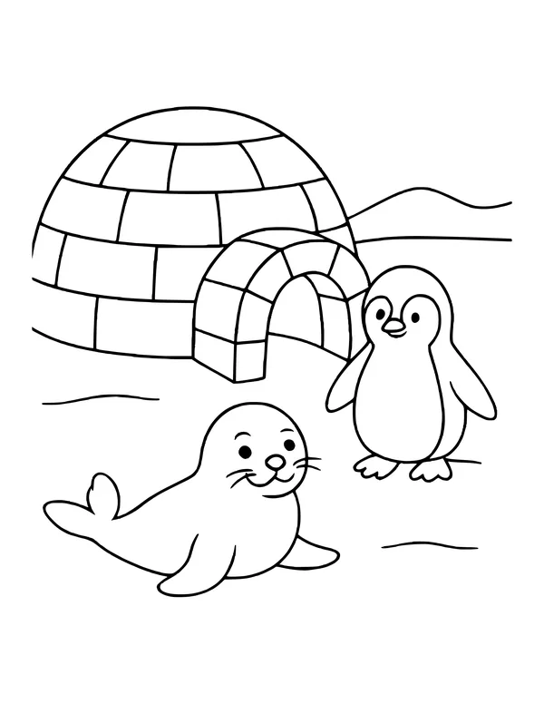 Smiling seal lying on the ice with a little penguin standing beside it, an ice block igloo behind them.